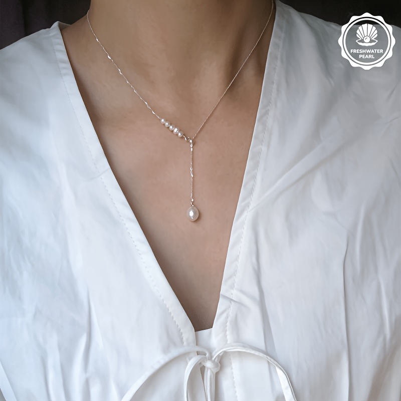 Luxury Slant Rice Teardrop Y Necklace, Adjustable Pull Chain